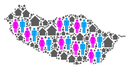 Population Portugal Madeira Island map. Household vector mosaic of Portugal Madeira Island map done of random man and woman and realty items in various sizes.のイラスト素材