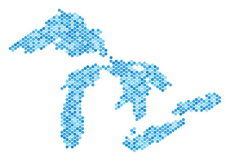 Blue round spot Great Lakes map. Vector geographic map in blue color shades on a white background. Vector composition of Great Lakes map combined of spheric pixel pattern.のイラスト素材