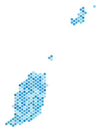Blue pixelated Grenada map. Vector geographic map in blue color shades on a white background. Vector mosaic of Grenada map organized of spheric spot matrix.のイラスト素材