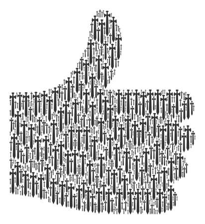 Approved figure built from medieval sword objects in various sizes. Abstract vector thumb up representaion. Medieval sword icons are combined into correct figure.のイラスト素材