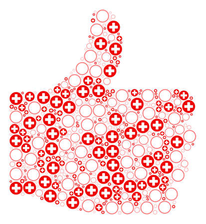 Validation composition made of pharmacy components in variable sizes. Abstract vector thumb up concept. Pharmacy icons are formed into valid choice figure.のイラスト素材