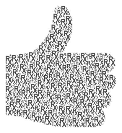Positive gesture mosaic composed of Rx medical symbol components in various sizes. Abstract vector thumb finger up representaion. Rx medical symbol icons are united into approve figure.のイラスト素材