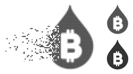 Dissolved Bitcoin drop pixel icon with disintegration effect. Halftone dotted and intact solid grey variants are included. Rectangular particles are combined into disappearing Bitcoin drop shape.のイラスト素材
