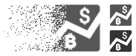 Dispersed Bitcoin forex market dotted icon with disintegration effect. Halftone pixelated and undamaged whole grey variants are included.のイラスト素材