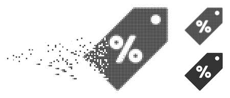 Fractured discount tag dotted icon with disintegration effect. Halftone dotted and undamaged solid gray versions are included. Square dots are grouped into dispersed discount tag shape.のイラスト素材
