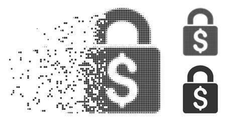 Dissolved pay lock dotted icon with disintegration effect. Halftone dotted and undamaged whole gray variants are included. Rectangle pieces are combined into disappearing pay lock figure.のイラスト素材