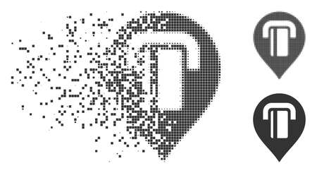 Dissolved ATM map marker dotted icon with disintegration effect. Halftone pixelated and undamaged entire gray variants are included.のイラスト素材