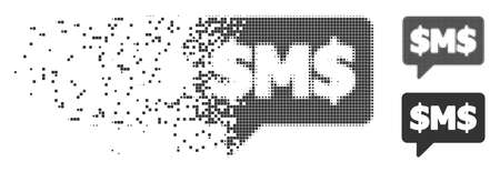 Dissolved SMS bubble pixel icon with disintegration effect. Halftone pixelated and intact whole grey versions are included. Rectangle pixels are arranged into disappearing SMS bubble shape.の写真素材