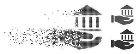 Dissolved bank service hand pixel icon with disintegration effect. Halftone dotted and intact solid gray versions. Dots have rectangular shape.のイラスト素材