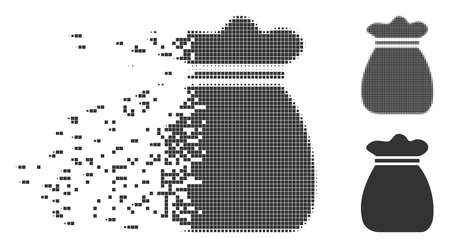 Fractured money bag dotted icon with disintegration effect. Halftone pixelated and intact whole gray versions. Dots have rectangular shape. Particles are grouped into dissolving money bag figure.のイラスト素材