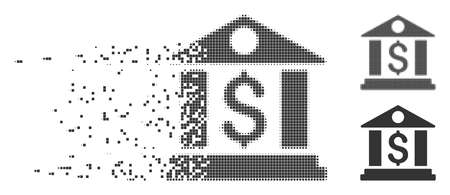 Fractured bank office pixel icon with disintegration effect. Halftone dotted and undamaged entire gray versions. Dots have rectangular shape. Fragments are arranged into dissipated bank office shape.のイラスト素材