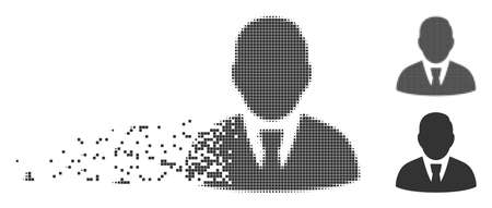Fractured manager pixel icon with disintegration effect. Halftone pixelated and undamaged entire gray versions. Dots have square shape. Pixels are grouped into dissolving manager form.のイラスト素材
