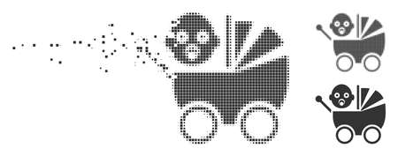 Fractured baby carriage pixel icon with disintegration effect. Halftone dotted and intact entire gray versions. Dots have rectangle shape. Pieces are grouped into dissolving baby carriage form.のイラスト素材