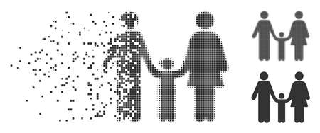Dissolved family child pixel icon with disintegration effect. Halftone pixelated and undamaged entire grey variants. Dots have rectangle shape.のイラスト素材