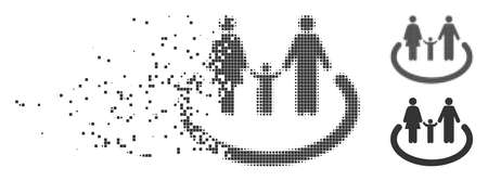 Fractured family area dotted icon with disintegration effect. Halftone pixelated and intact whole gray variants. Dots have square shape. Elements are composed into dissolving family area form.のイラスト素材