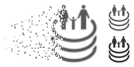 Fractured family portal pixel icon with disintegration effect. Halftone pixelated and intact whole grey variants. Dots have square shape. Elements are composed into dissipated family portal figure.のイラスト素材