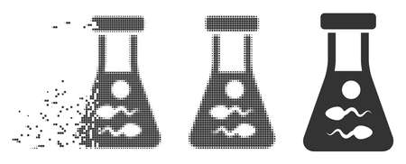 Dissolved sperm retort dotted icon with disintegration effect. Halftone dotted and undamaged entire gray versions. Dots have rectangular shape. Particles are combined into dispersed sperm retort form.のイラスト素材