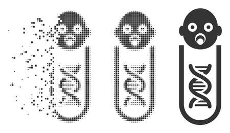 Dissolved baby genetic analysis dotted icon with disintegration effect. Halftone pixelated and intact solid gray versions. Dots have rectangle shape.のイラスト素材