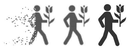 Dispersed lover with flower pixel icon with disintegration effect. Halftone dotted and intact whole grey variants. Dots have rectangle shape.の写真素材