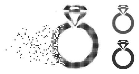 Fractured jewelry ring dotted icon with disintegration effect. Halftone pixelated and intact solid gray variants. Dots have rectangle shape. Points are arranged into dissolving jewelry ring figure.のイラスト素材