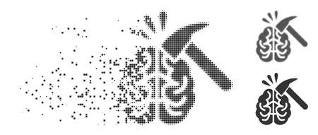 Grey vector brain impact icon in dissolved, dotted halftone and undamaged entire versions. Rectangle particles are used for disappearing effect.のイラスト素材