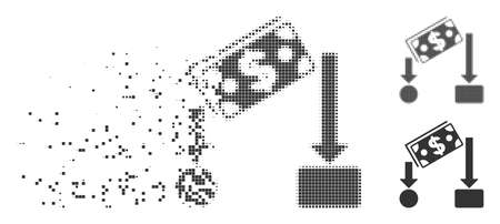 Grey vector cash flow icon in dissolved, dotted halftone and undamaged entire variants. Square dots are used for disappearing effect. Points are organized into dissolving cash flow icon.のイラスト素材