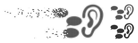 Grey vector listen gossips icon in dispersed, pixelated halftone and undamaged whole versions....