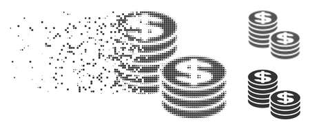 Grey vector dollar coin stacks icon in dispersed, dotted halftone and undamaged entire versions. Rectangle dots are used for disintegration effect.のイラスト素材