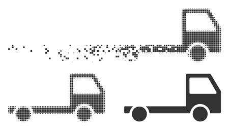 Gray vector truck chassis icon in fractured, pixelated halftone and undamaged whole versions. Rectangular dots are used for disintegration effect.のイラスト素材