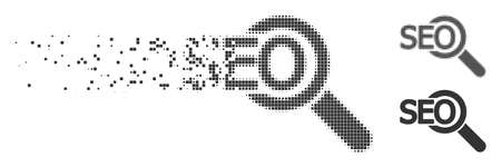 Gray vector seo tool icon in fractured, pixelated halftone and undamaged whole versions. Square dots are used for disintegration effect. Fragments are grouped into disappearing seo tool symbol.のイラスト素材