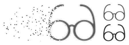 Grey vector spectacles icon in dispersed, pixelated halftone and undamaged solid variants. Rectangle dots are used for disintegration effect. Pixels are combined into dissolving spectacles icon.のイラスト素材