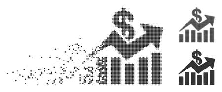Dispersed sales bar chart trend pixel icon with disintegration effect. Halftone pixelated and undamaged entire gray variants. Dots have rectangle shape.のイラスト素材