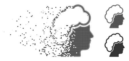 Grey vector blonde profile icon in fractured, dotted halftone and undamaged entire variants. Disappearing effect involves rectangle particles. Cells are composed into dissipated blonde profile form.のイラスト素材