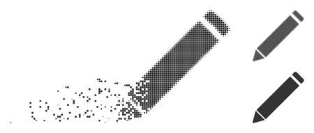 Grey vector edit pencil icon in fractured, pixelated halftone and undamaged solid variants. Disintegration effect uses rectangular dots. Fragments are grouped into dissolving edit pencil pictogram.のイラスト素材