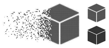 Grey vector cube icon in dissolved, pixelated halftone and undamaged entire variants. Disappearing effect involves rectangle dots. Fragments are arranged into dissolving cube pictogram.のイラスト素材