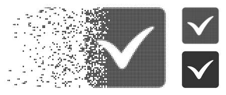 Gray vector approve box icon in fractured, pixelated halftone and undamaged whole versions. Disintegration effect involves rectangle dots. Pixels are combined into disappearing approve box shape.のイラスト素材