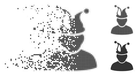 Grey vector fool icon in dispersed, dotted halftone and undamaged whole versions. Disappearing effect uses square dots. Pixels are composed into dissolving fool icon.のイラスト素材