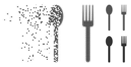 Grey vector fork and spoon icon in fractured, pixelated halftone and undamaged whole versions. Disappearing effect uses rectangle particles. Points are organized into dissipated fork and spoon icon.のイラスト素材