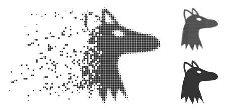 Gray vector fox head icon in dispersed, pixelated halftone and undamaged solid versions. Disappearing effect uses rectangular particles. Pixels are organized into dissipated fox head symbol.のイラスト素材