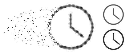 Grey vector clock icon in fractured, pixelated halftone and undamaged entire versions. Disintegration effect uses rectangular dots. Particles are arranged into dissolving clock symbol.のイラスト素材