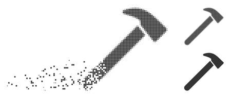 Grey vector hammer icon in dissolved, dotted halftone and undamaged whole variants. Disintegration effect involves rectangular particles. Cells are grouped into dispersed hammer icon.のイラスト素材