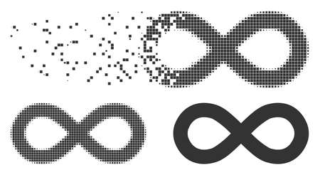Grey vector infinity icon in dissolved, pixelated halftone and undamaged entire variants. Disintegration effect uses rectangle particles. Points are combined into dispersed infinity icon.のイラスト素材
