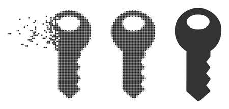 Grey vector key icon in dissolved, dotted halftone and undamaged solid versions. Disintegration effect involves square particles. Pixels are composed into dispersed key pictogram.のイラスト素材