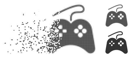 Grey vector gamepad icon in fractured, dotted halftone and undamaged entire versions. Disappearing effect involves square particles. Cells are combined into dissolving gamepad shape.のイラスト素材