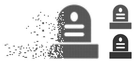 Grey vector grave stone icon in fractured, pixelated halftone and undamaged whole variants. Disintegration effect involves square dots. Pixels are combined into dissipated grave stone pictogram.のイラスト素材