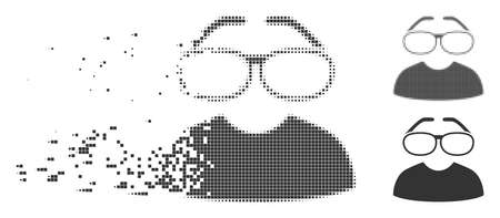 Gray vector clever spectacles icon in fractured, dotted halftone and undamaged entire variants. Disintegration effect involves rectangle dots.のイラスト素材