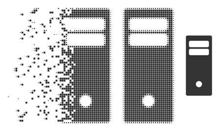Grey vector computer mainframe icon in dispersed, pixelated halftone and undamaged solid variants. Disintegration effect uses rectangular particles.のイラスト素材
