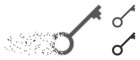 Grey vector key icon in dissolved, dotted halftone and undamaged whole versions. Disappearing effect uses square dots. Particles are arranged into dispersed key pictogram.のイラスト素材