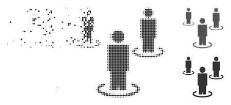 Grey vector people icon in fractured, pixelated halftone and undamaged entire versions. Disappearing effect uses rectangular particles. Pixels are organized into dissolving people symbol.のイラスト素材