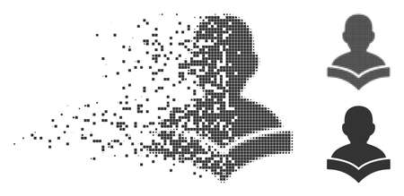 Grey vector reader student icon in dispersed, dotted halftone and undamaged entire versions. Disintegration effect uses square dots. Pixels are combined into dissolving reader student form.のイラスト素材